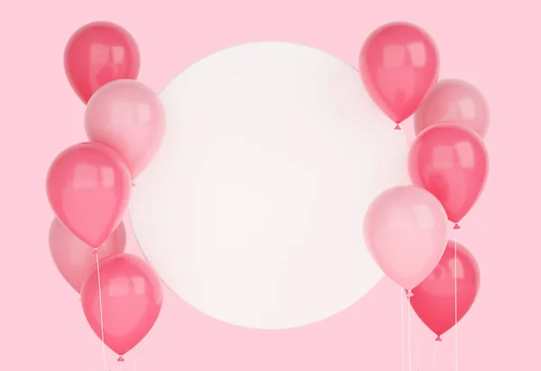 Błyszczące latające różowe balony z okrągłym białym bannerem 3d renderowania ilustracja. — Zdjęcie stockowe
