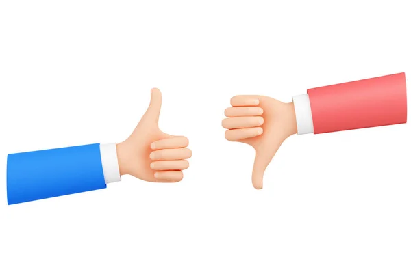 Ruce s palci nahoru a dolů gesto 3d vykreslení ukazuje pozitivní a negativní zpětnou vazbu. — Stock fotografie