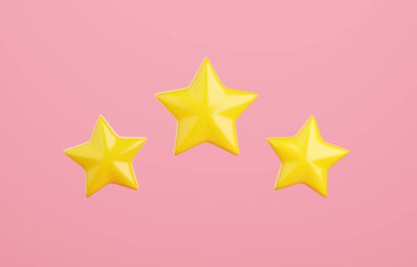 Müşteri değerlendirmesi konsepti için üç sarı yıldız - müşterilerin takdir ettiği ürün veya hizmet sunumu 3d