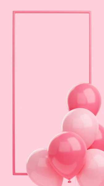 Congratulation banner with balloons and frame on pink background - 3d render social media story.