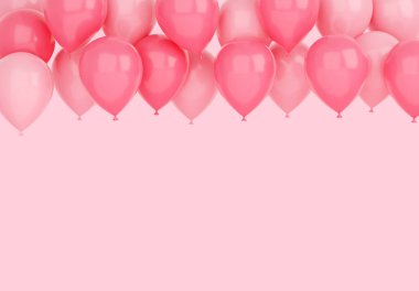 Balon kenarı - doğum günü veya yıldönümü kutlamaları için üstünde pembe parlak uçan balonların 3D çizimi