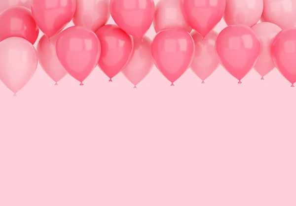 Balloon border - 3d render illustration of pink glossy flying balloons at top for birthday or anniversary congratulation