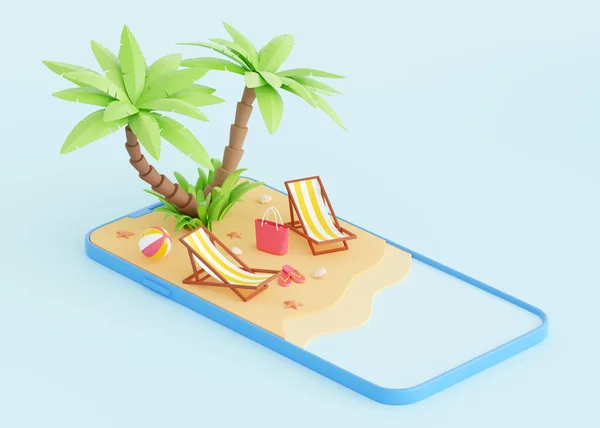 Summer beach vacation 3d render - cartoon tropical sandy island with palm trees and elements for coastal holiday. — Stok fotoğraf