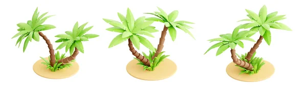 Palm tree on sand 3d render - tropical plant with green leaves and grass for beach vacation and summer travel — Stok fotoğraf