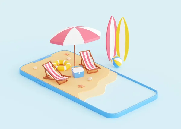 여름 해변 휴가 3d 렌더링 - 스마트폰 화면에 우산 과 라운지가 있는 화성인 모래 섬. — 스톡 사진