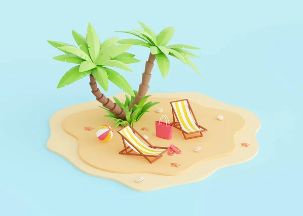 Summer beach vacation 3d render - cartoon tropical sandy island with palm trees and elements for coastal holiday. — Stok fotoğraf