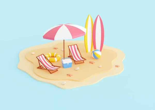 Vacaciones de verano playa 3d render - isla de arena de dibujos animados con sombrilla y tumbona. — Foto de Stock
