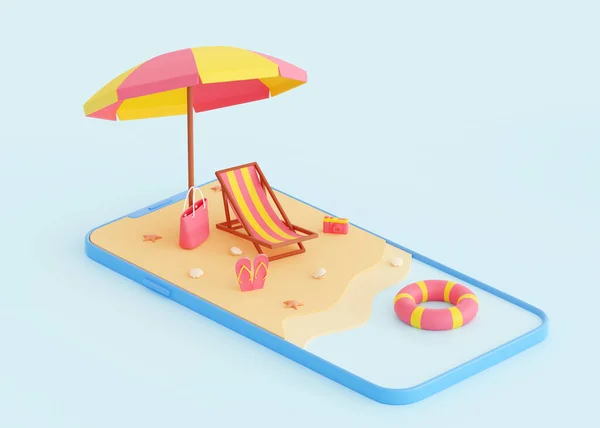 Summer beach vacation 3d render - scène de dessin animé de vacances estivales au bord de la mer sur le rivage sablonneux sur l'écran du smartphone. — Photo