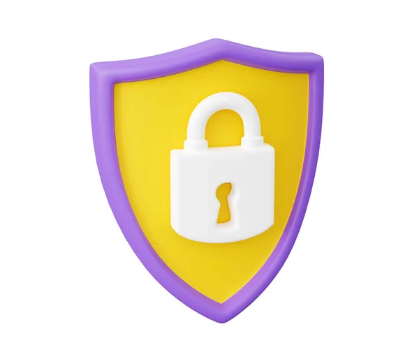 Shield with padlock 3d render - security and safety concept with close lock sign on shield. — Stock Photo, Image