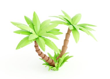 Palm tree 3d render - tropical plant with green leaves, brown trunk and grass for beach vacation and summer travel concept. Cartoon exotic beach tree for seasand illustration.