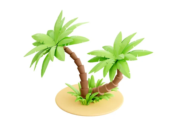 砂の3Dレンダリングのヤシの木 緑の葉 茶色のトランクとビーチ休暇や夏の旅行のコンセプトのための草を熱帯植物 海のイラストのための漫画エキゾチックなビーチツリー — ストック写真