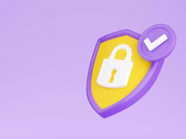 3D asma kilitli kalkan. Güvenlik ve güvenlik konsepti. Kalkanları ve işaretleri kapalı. Koruma ve gizlilik sembolü. İnternet verileri veya parola güvenlik garantisi işareti.