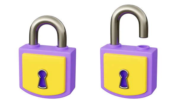 Closed Open Padlock Render Illustration Purple Yellow Lock Keyhole Private — Stock Photo, Image
