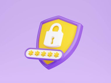 3D asma kilitli kalkan. Güvenlik ve güvenlik konsepti. Kalkan ve şifre alanında kapalı kilit. Koruma ve gizlilik sembolü. İnternet verileri veya parola güvenlik garantisi işareti.