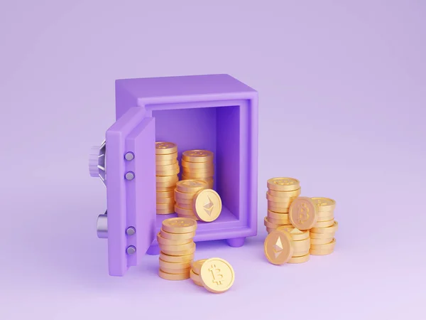 Сейф Криптовалютными Деньгами Рендеринг Иллюстрация Открытого Фиолетового Сейфа Заполненного Окруженного — стоковое фото