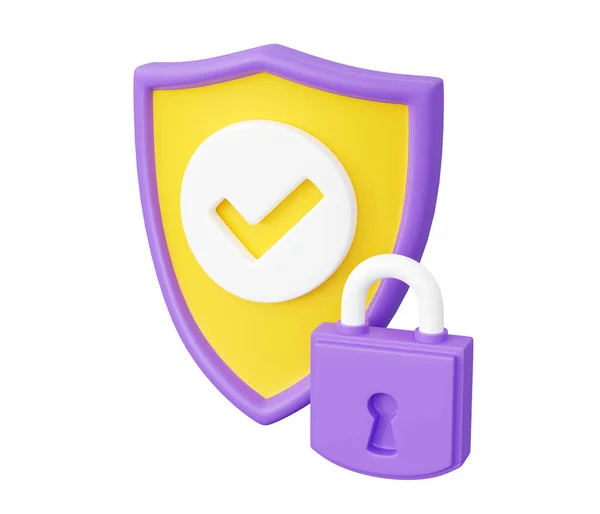 Shield Tick Padlock Render Security Safety Concept Check Mark Shield — Stock Photo, Image