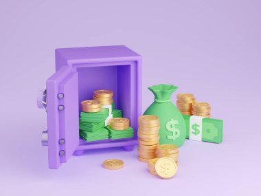 İçinde 3D para olan kasa, içi altın sikke ve kağıt parayla çevrili açık mor kasanın çizimi. Birikimleri güvenli bir yere saklayın. Banka mevduatlarının ve zenginliğin korunması.