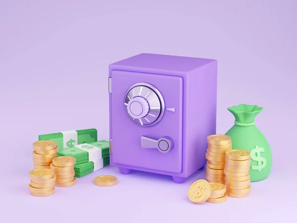 Safe box with money 3d render - illustration of closed purple strongbox surrounded by pile of gold coins and paper cash. Concept of secure storage of savings. Protection of bank deposits and wealth.