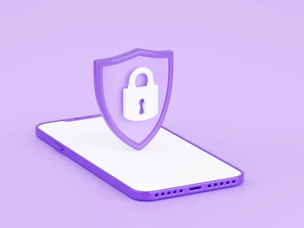 Shield with padlock sign on mobile phone screen 3d render - security of private information from theft concept. Protection and privacy symbol. Safe storage of user inputs and internet data.