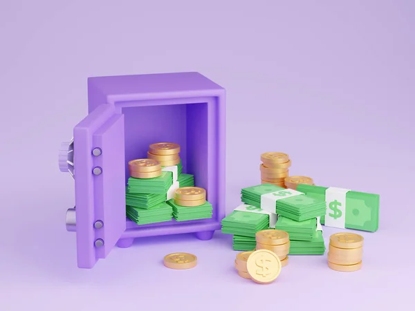 Safe box with money 3d render - illustration of open purple strongbox filled and surrounded by pile of gold coins and paper cash. Secure storage of savings. Protection of bank deposits and wealth.