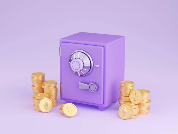 Safe box with crypto currency money 3d render - illustration of closed purple strongbox surrounded by gold bitcoin and ethereum. Concept of making money on crypto market and safe storage.