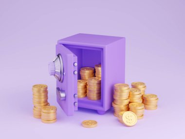 İçinde 3D para olan bir kasa. Dolu ve içinde dolar işareti olan altın paralarla çevrili açık mor bir kasa. Birikimleri güvenli bir yere saklayın. Banka mevduatlarının ve zenginliğin korunması.
