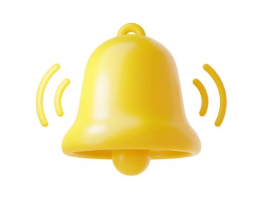 Bildirim çanı simgesi 3d canlandırması - basit sarı zilin sevimli çizgi film çizimi anımsatma veya fark etme konsepti için. Dikkat çekmek ya da yeni bilgi ve ileti göstermek için sembol.