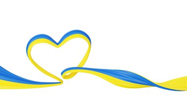 Ukraine support banner - heart shaped abstract wavy ribbon in colors of national flag. 3D render illustration of blue and yellow flow curvy stroke. Stand with Ukraine poster.