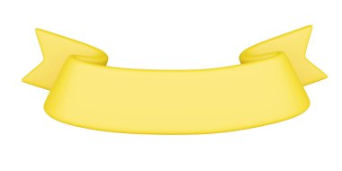 Kurdele afişi 3D, sarı karikatür rozeti ve başlık için boş alan. Festival ya da reklam afişi için metin imzalamak için dekoratif etiket. Kopya alanı ile kıvrımlı ve bükülmüş bant.