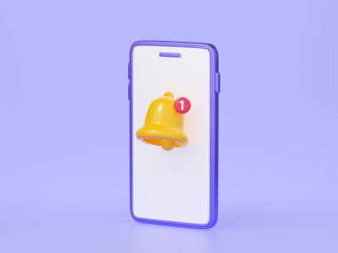 Notification bell on mobile phone screen 3d render. Cute cartoon illustration of simple yellow bell icon for reminder or notice concept. Attracting attention or new information and message.