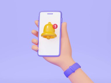 Bilgilendirme zili - 3D ekranda sarı zilli el ele tutuşan cep telefonu. Hatırlatma ya da fark etme konsepti için hoş bir çizgi film çizimi. İlgi ya da yeni bilgi ve mesaj çekiliyor.