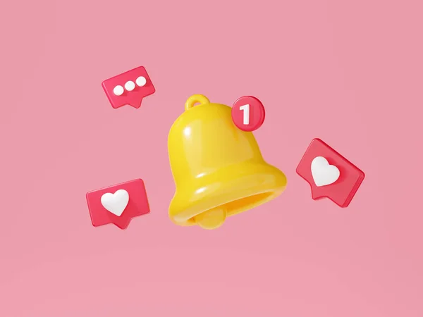 Notification bell with speech bubble with text and heart shapes 3d render. Cute cartoon illustration of simple yellow bell icon for attention or to indicate new information and message.