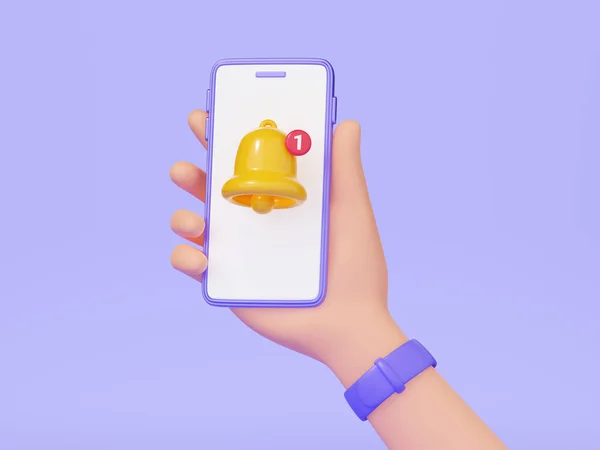 Notification bell - hand holding mobile phone with yellow bell on screen 3d render. Cute cartoon illustration for reminder or notice concept. Attracting attention or new information and message.