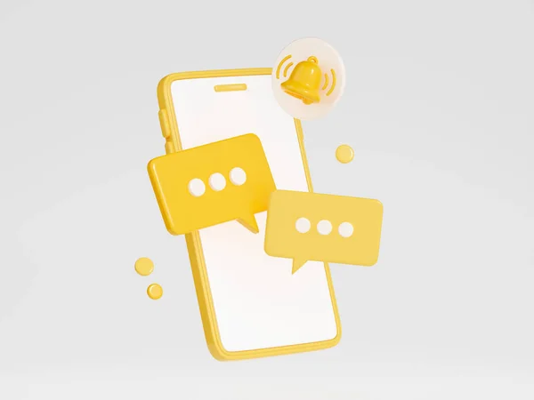 Notification 3d render - chat speech bubbles and bell icon on mobile phone screen. Cute cartoon illustration of simple yellow banner for attention or to indicate new information and message.