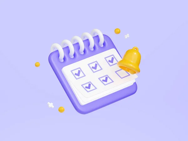 Reminder in calendar 3d render - purple calendar with check points marked with tick on white paper and yellow bell. Cartoon illustration of notification symbol for business planning or event remind.