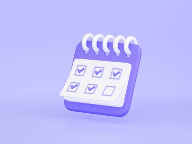 Calendar with marked date 3d render illustration. Purple floating organizer with rings, check points noted with mark day for business or event planning concept isolated on pastel background.