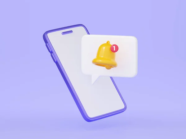 Notification bell on mobile phone screen 3d render. Cute cartoon illustration of simple yellow bell icon for reminder or notice concept. Attracting attention or new information and message.