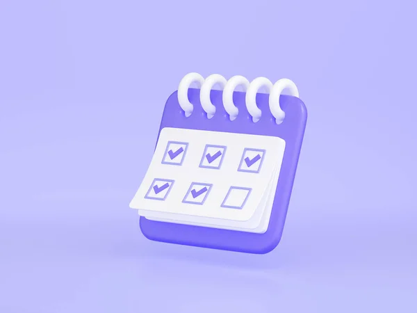 Calendar with marked date 3d render illustration. Purple floating organizer with rings, check points noted with mark day for business or event planning concept isolated on pastel background.