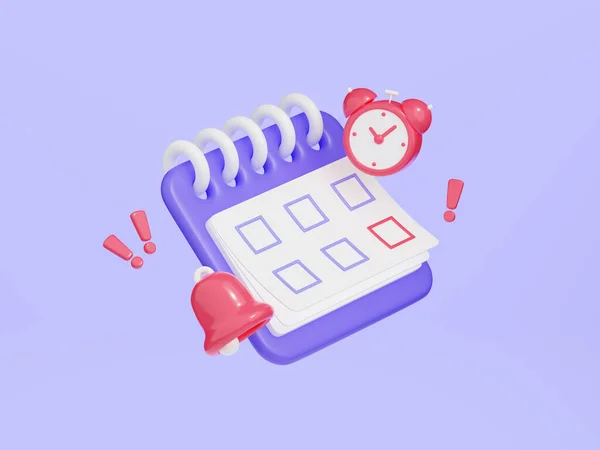 Calendar with clock and bell 3d render. Purple organizer with rings and week lined up floating near red watch and bell for business reminder and event planning or deadline concept.