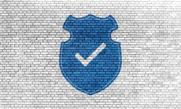 Icono Seguridad Escudo Color Azul Fondo Pared Ladrillo Grunge —  Fotos de Stock