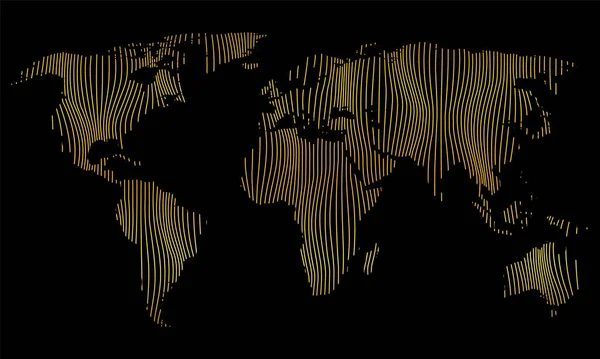 黒の背景に縞模様の金彩色世界地図のベクトル図 — ストックベクタ