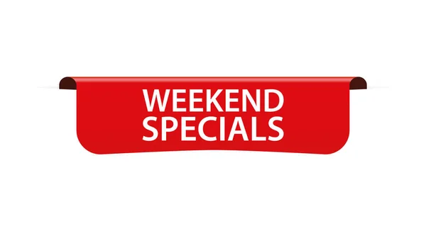 Weekend Specials 白い背景に赤いラベルバナーのベクトルイラスト — ストックベクタ