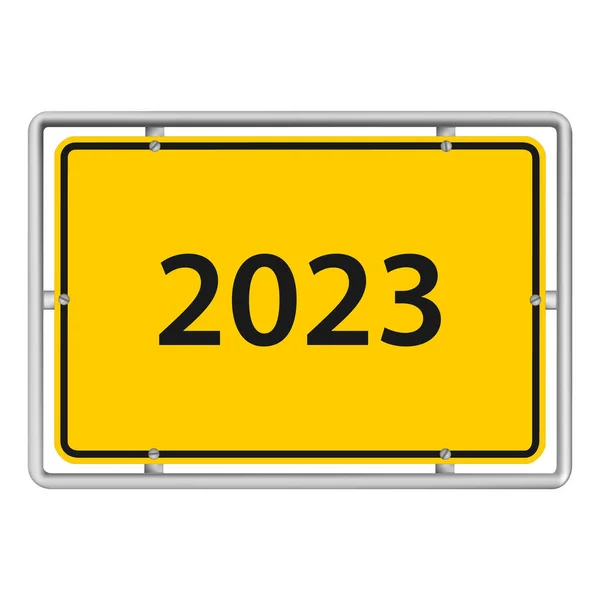 2023 New Year Vector Illustration Yellow Road Sign Isolated White — Stock Vector
