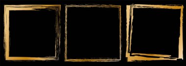 set of 3 gold colored vector illustartion of brush painted banner frames on black background