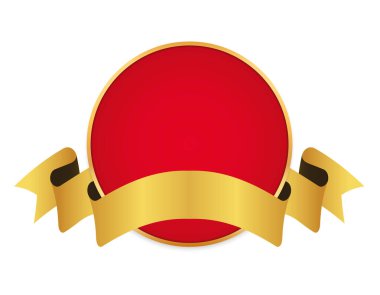 Beyaz zemin üzerinde altın kurdele pankartı olan kırmızı renkli ödülün vektör illüstrasyonu