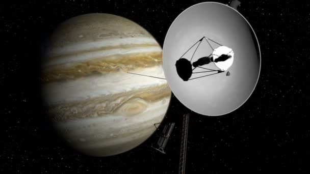 A Voyager űrszonda közeledik a Jupiterhez a NASA csillagközi küldetésének részeként, hogy felfedezze a Naprendszert. Az eredeti sematikus ábrákból modellezett 3D.