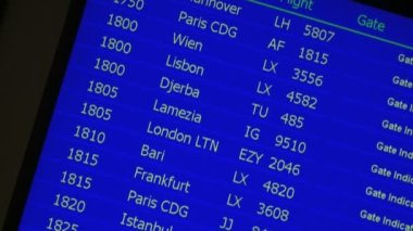 An arrivals/departures travel information board at Zurich airport. 