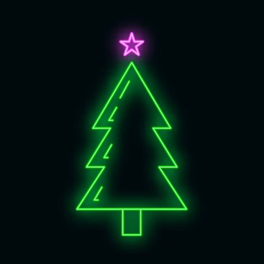 Noel ağacı simgesini yıldız yeşili parıltı tarzında düşünün, mutlu yıllar ve siyah üzerine izole edilmiş mutlu noeller düz vektör çizimi. Xmas kış tatili.