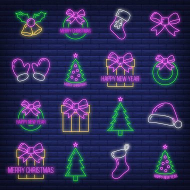 16. noel ikonu, neon ışıklı stil, mutlu yeni yıl ve tuğla siyahı üzerinde izole edilmiş mutlu noel düz vektör çizimi. Xmas kış tatili.