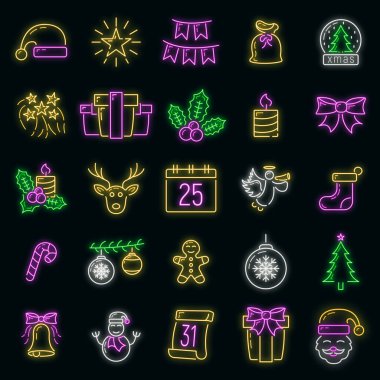 Mutlu yıllar ve mutlu noeller neon ışığı tarzı ikon, xmas etiketli kış zamanı düz vektör çizimi, siyah üzerine izole edilmiş sembol.